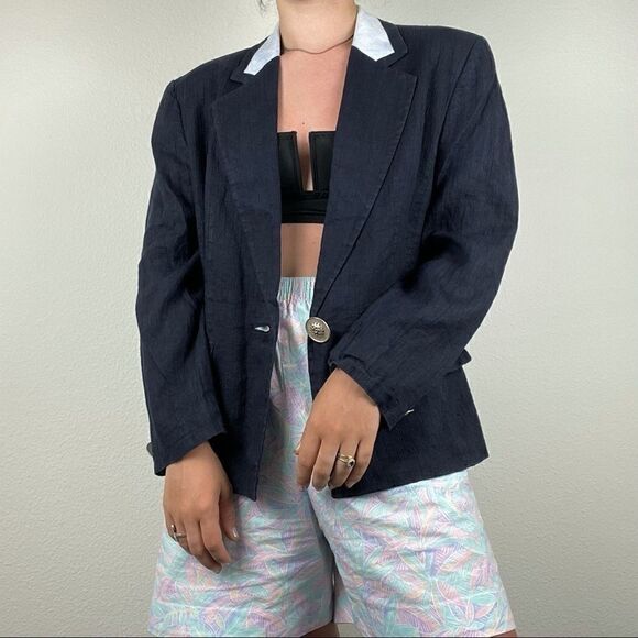 Vintage Women’s Louis Feraud Navy Blue Linen Blazer Sz L - Picture 4 of 11